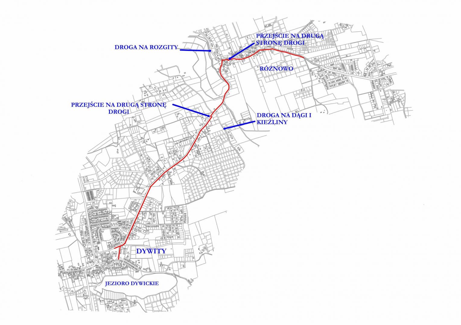 Mapa fragmentu gminy Dywity z oznaczeniem nowej ścieżki pieszo-rowerowej